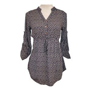 RHAPSODY SZ S 100% Rayon 3/4 Sleeve Flowy Geometric Print Gathered Tunic Top